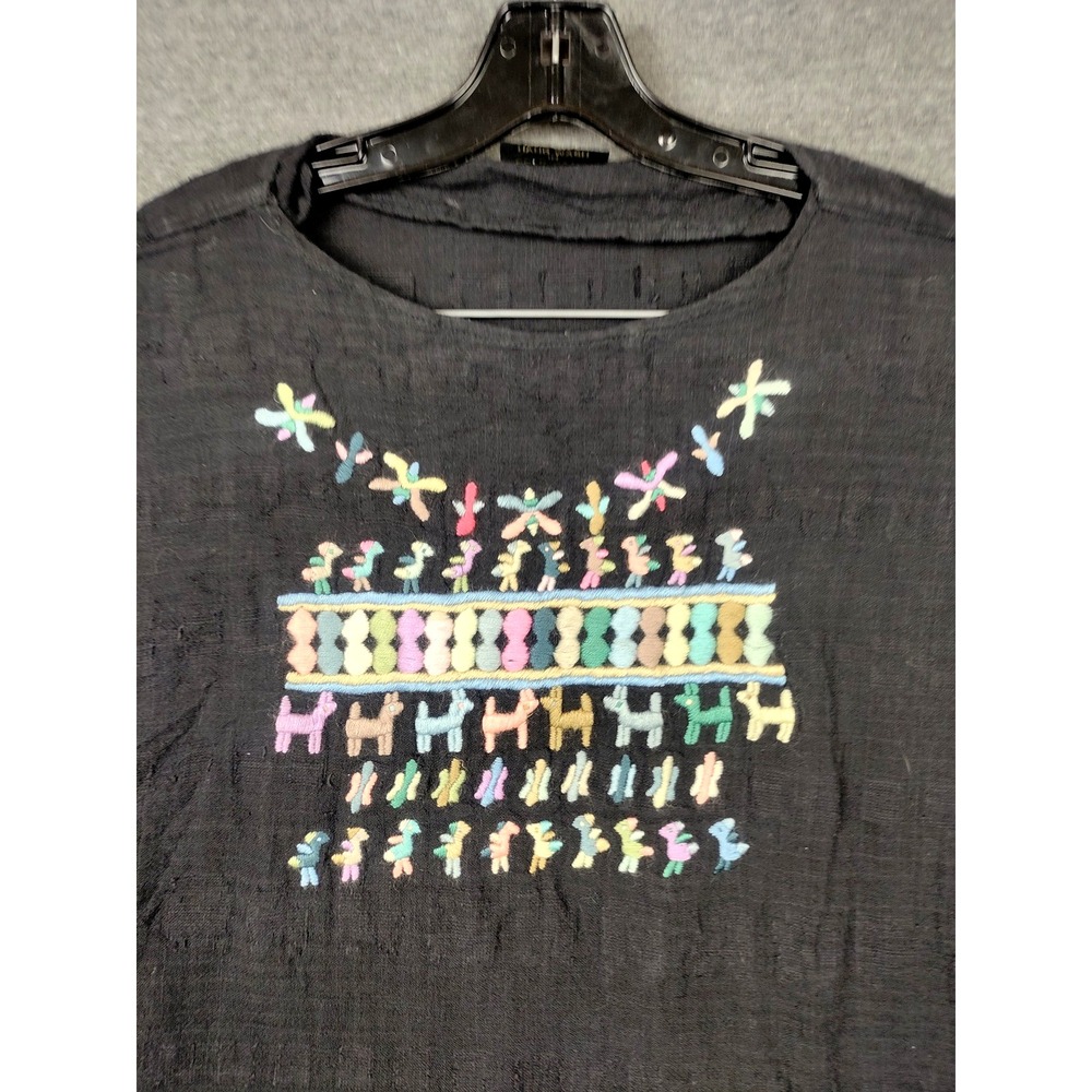 Quetzal Shirt Womens M Black Embroidered Gauze‎ Animal Whimsy Lightweight Resort
